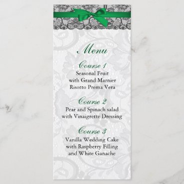 Faux lace and ribbon emerald green wedding Menu