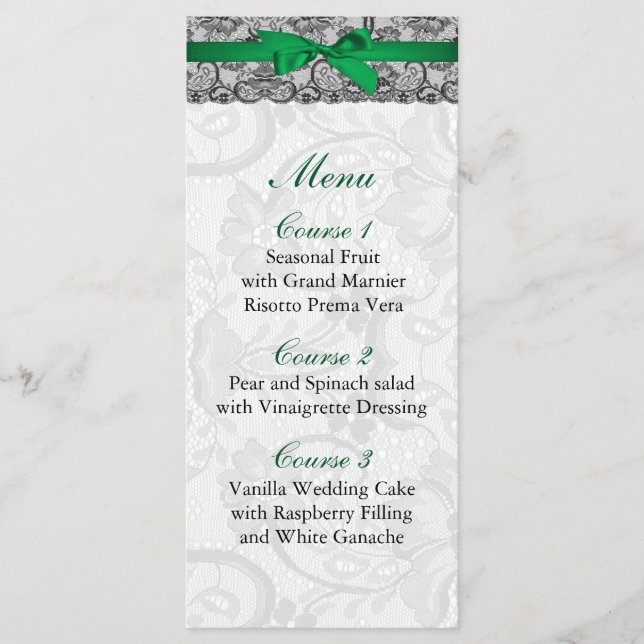 Faux lace and ribbon emerald green wedding Menu (Front)