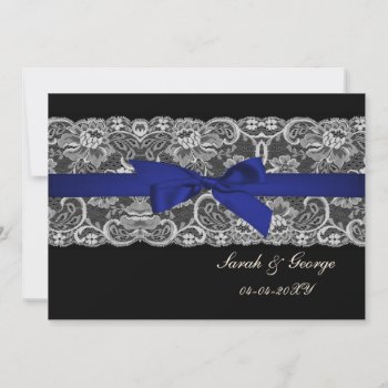 Faux Lace And Ribbon Navy Blue Save The Date by blessedwedding at Zazzle