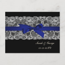 Faux lace and ribbon navy blue  save the date announcement postcard