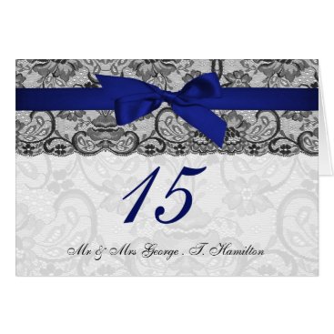 Faux lace and ribbon navy blue table number cards