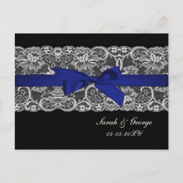 Faux lace and ribbon navy blue wedding rsvp invitation postcard