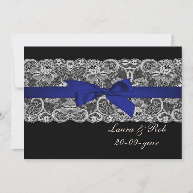 Faux lace and ribbon navy blue wedding Thank You Invitation (Front)