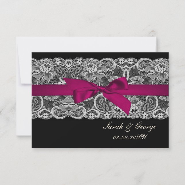 Faux lace and ribbon pink , black  3.5 x 5 rsvp (Front)