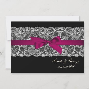 Faux lace and ribbon pink , black  wedding invites
