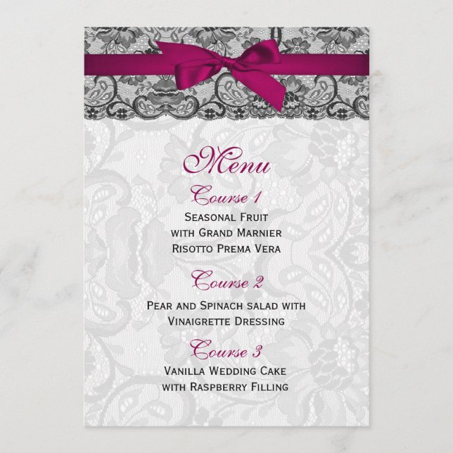 Faux lace and ribbon pink ,black  wedding Menu (Front)