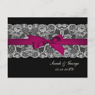 Faux lace and ribbon pink, black  wedding rsvp invitation postcard