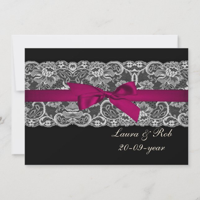 Faux lace and ribbon pink black  wedding Thank You Invitation (Front)