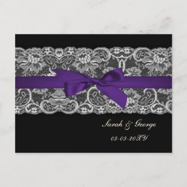 Faux lace and ribbon purple black  save the date announcement postcard