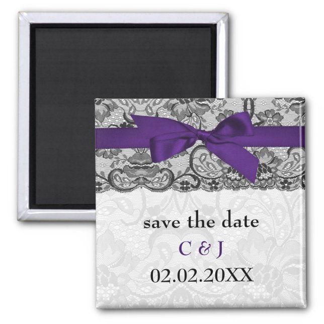 Faux lace and ribbon purple black save the date magnet (Front)