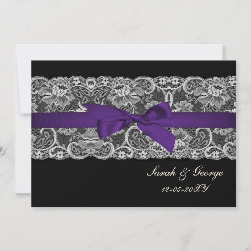 Faux lace and ribbon purple black  wedding invites