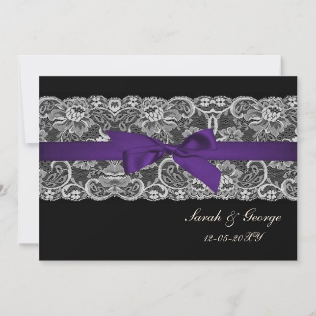 Faux lace and ribbon purple black  wedding invites (Front)