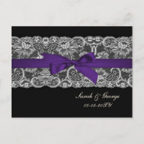 Faux lace and ribbon purple black  wedding rsvp invitation postcard