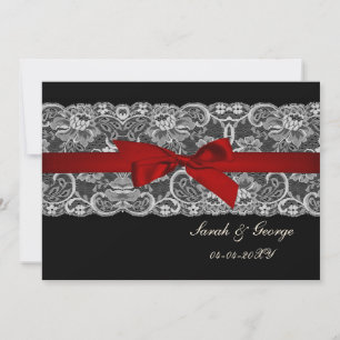 Faux lace and ribbon red, black save the date