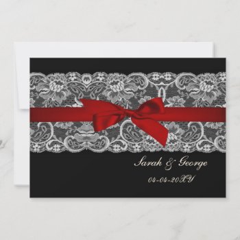 Faux Lace And Ribbon Red  Black  Save The Date by blessedwedding at Zazzle