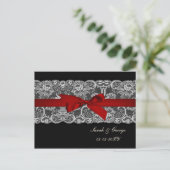 Faux lace and ribbon red, black  save the date announcement postcard (Standing Front)