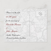 Faux lace and ribbon red, black  save the date announcement postcard (Back)