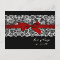 Faux lace and ribbon red, black  save the date announcement postcard