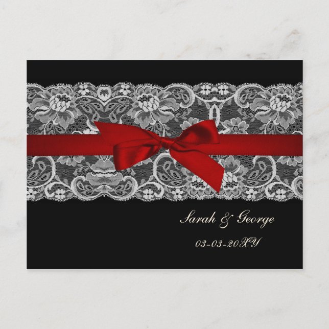 Faux lace and ribbon red, black  save the date announcement postcard (Front)