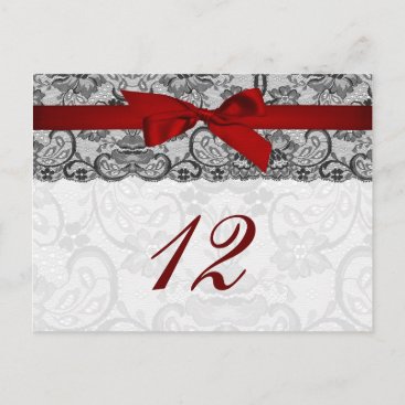 Faux lace and ribbon red, black table number cards