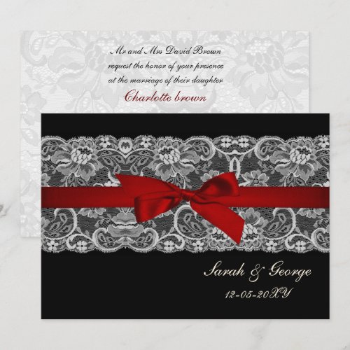 Faux lace and ribbon red , black  wedding invites