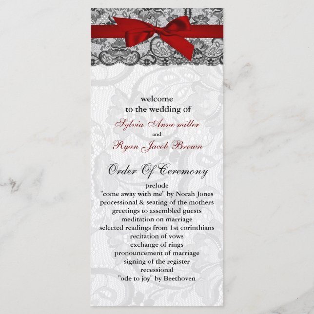 Faux lace and ribbon red , black  wedding programs (Front)