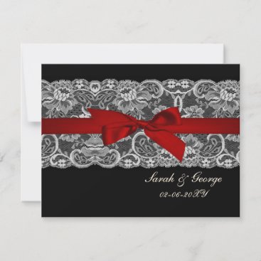 Faux lace and ribbon red , black  wedding rsvp