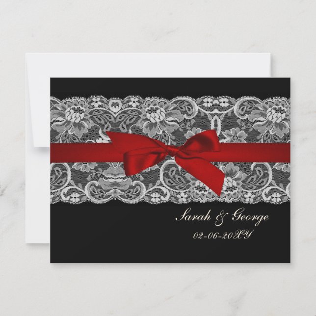 Faux lace and ribbon red , black  wedding rsvp (Front)
