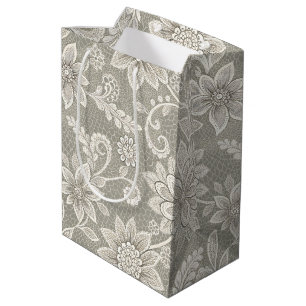 Faux Lace Ivory on Silver Gray Retirement Wedding Medium Gift Bag
