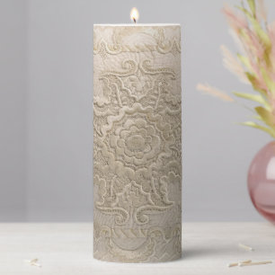 Faux Lace-like Embroidery Needlework Pillar Candle