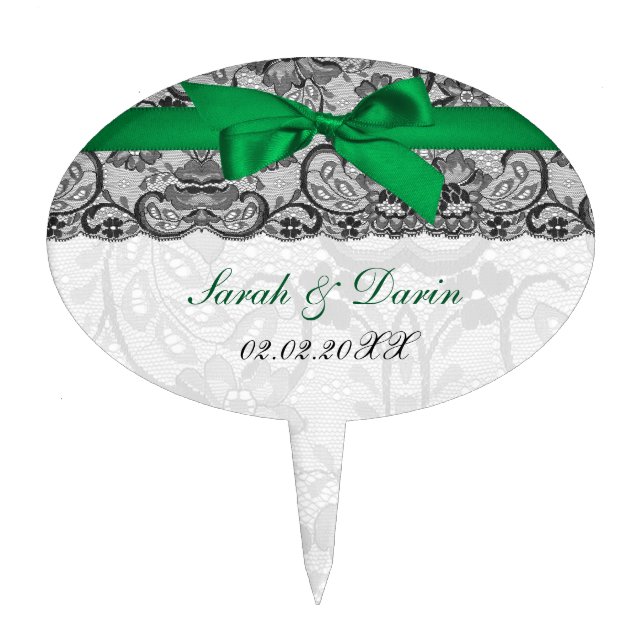 Faux lace ribbon emerald green cake picks (Front)
