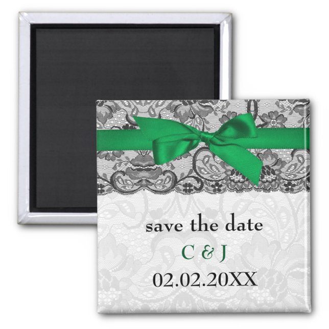 Faux lace ribbon emerald green save the date magnet (Front)
