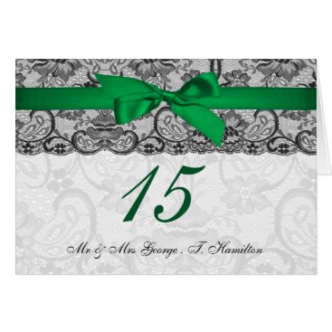 Faux lace ribbon emerald green table number cards