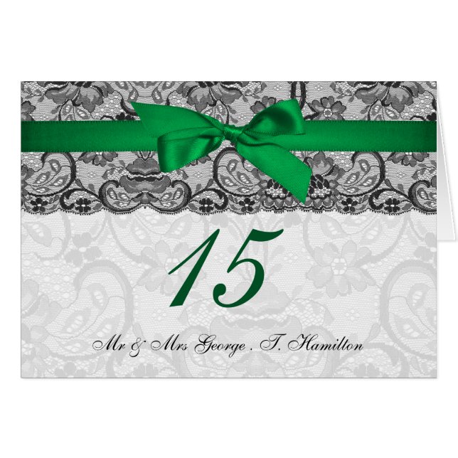 Faux lace ribbon emerald green table number cards (Front Horizontal)