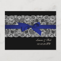 Faux lace  ribbon navy blue wedding Thank You Postcard