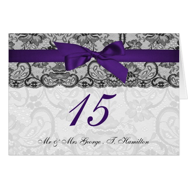 Faux lace ribbon purple black table number cards (Front Horizontal)