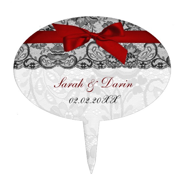 Faux lace ribbon red  personalized cake picks (Front)