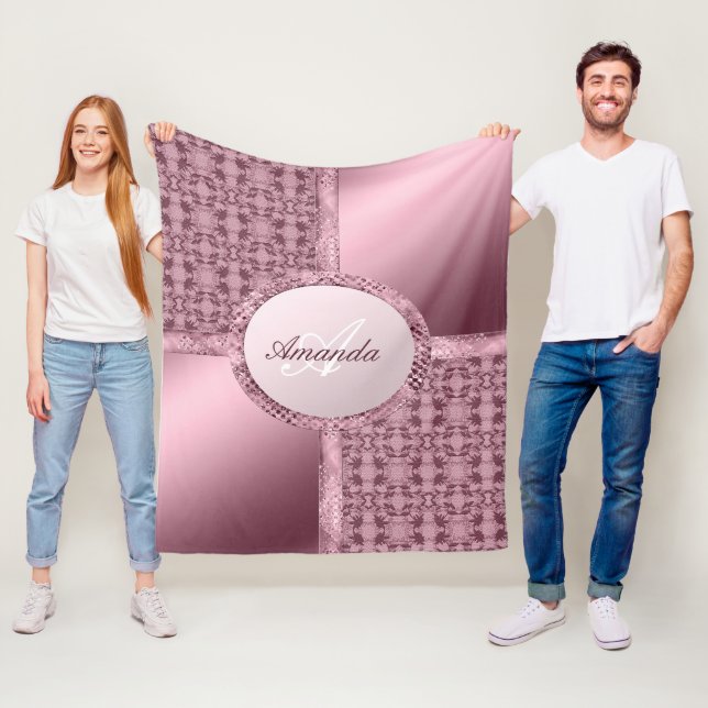 Faux Lace Satin Jewels Pink Monogram Fleece Blanket (In Situ)