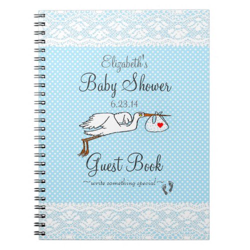 Faux Lace Stork Blue Baby Shower Guest Book_ Notebook
