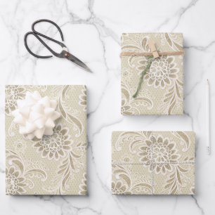 Faux Lace White on Ivory Wedding Bridal Retirement Wrapping Paper Sheets