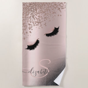 Faux Lashes Black Glitter Diamonds Rose Gold Beach Towel