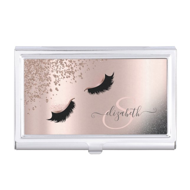 Faux Lashes Black Glitter Diamonds Rose Gold Business Card Case (Front)