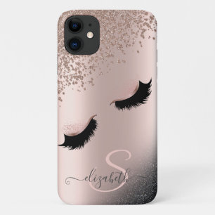 Faux Lashes Black Glitter Diamonds Rose Gold iPhone 11 Case