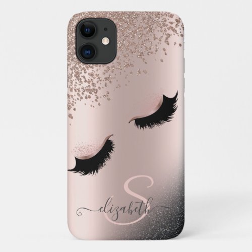 Faux Lashes Black Glitter Diamonds Rose Gold iPhone 11 Case