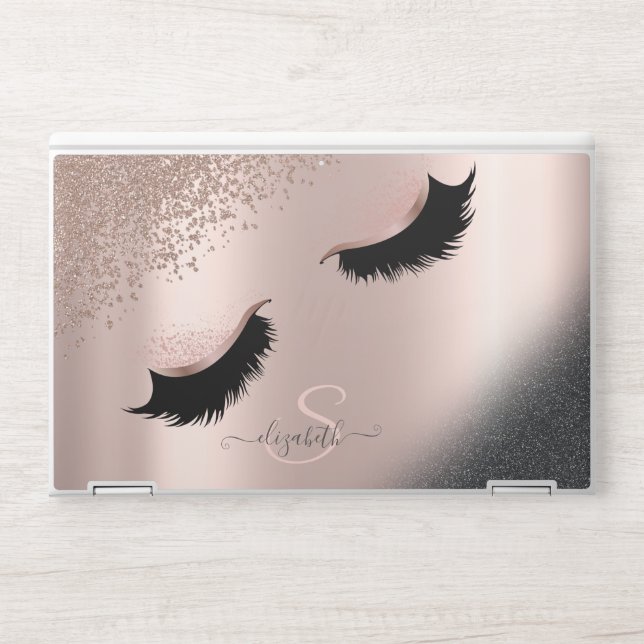 Faux Lashes Black Glitter Diamonds Rose Gold HP Laptop Skin (Front)