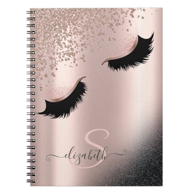 Faux Lashes Black Glitter Diamonds Rose Gold Notebook (Front)