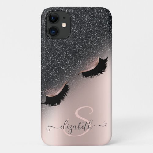 Faux Lashes Black Glitter Ombre Rose Gold iPhone 11 Case