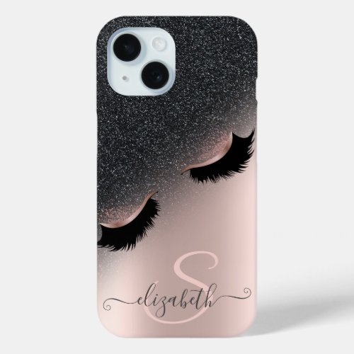 Faux Lashes Black Glitter Ombre Rose Gold iPhone 15 Case