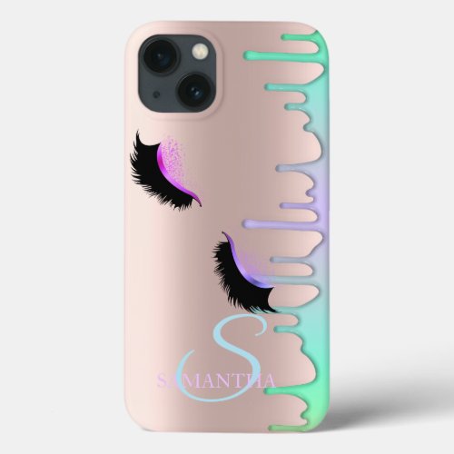 Faux Lashes Rainbow Drips Rose Gold iPhone 13 Case