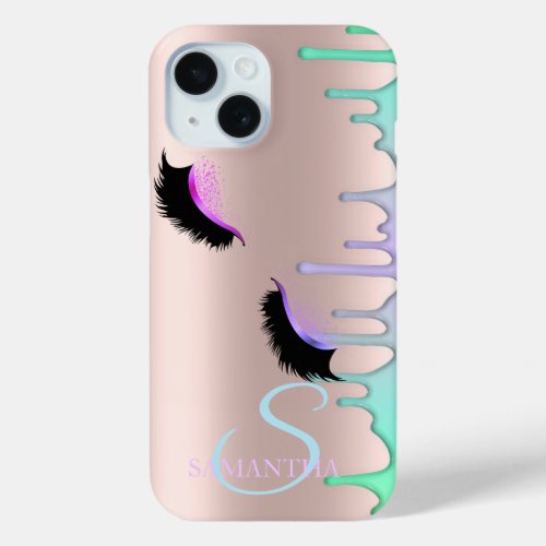 Faux Lashes Rainbow Drips Rose Gold iPhone 15 Case
